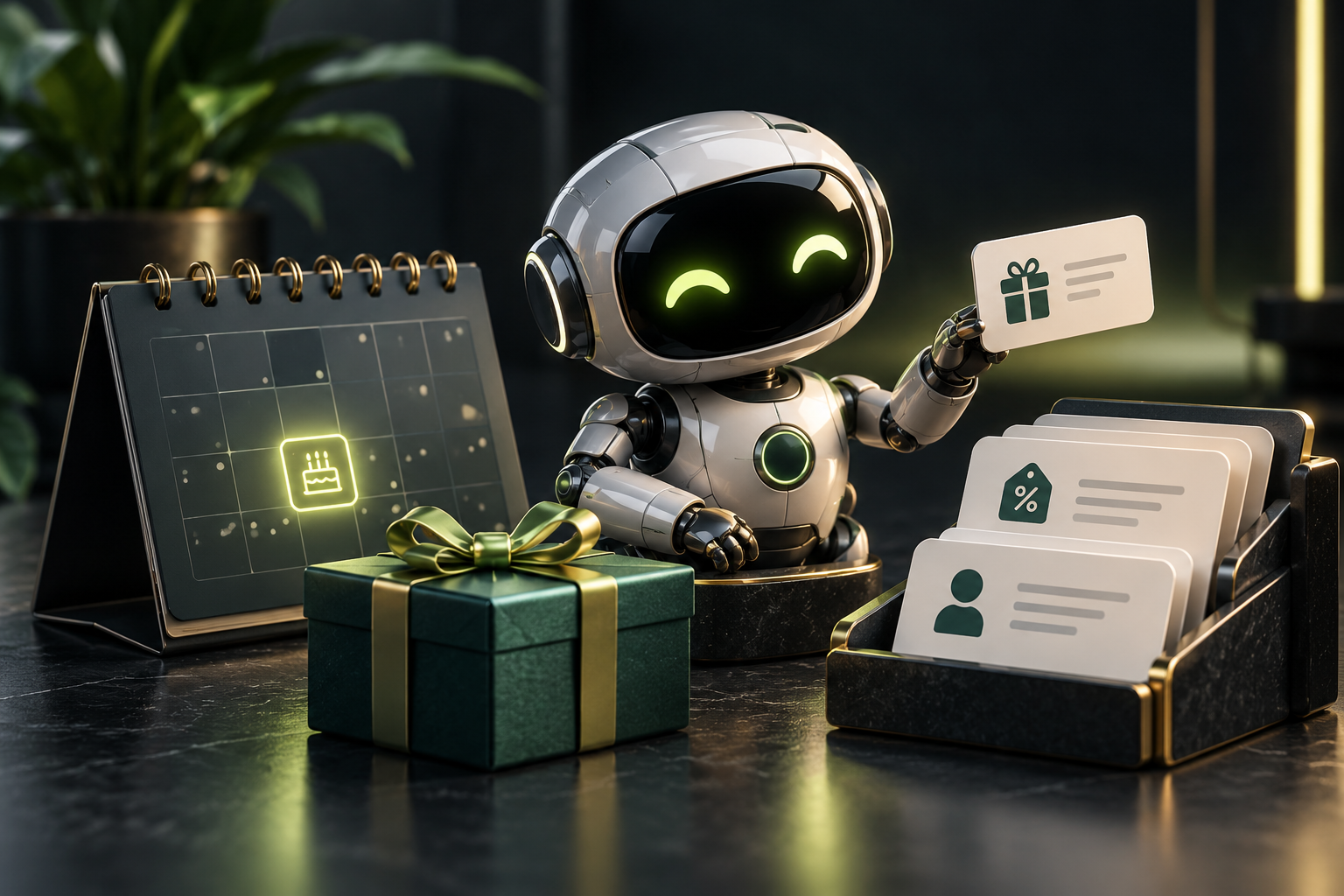 Ilustração gerada por IA: Assistente digital com calendário e cartões de relacionamento