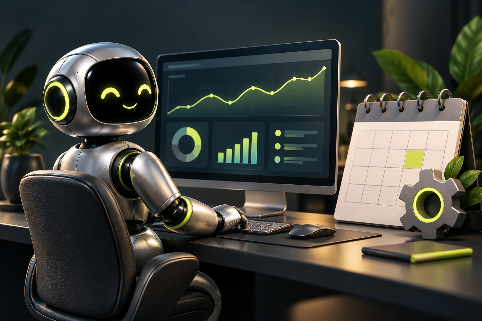 Robô acompanhando indicadores do site e calendário mensal