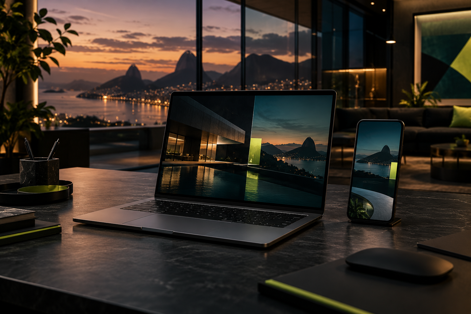Estúdio criativo com notebook e celular exibindo interfaces de sites