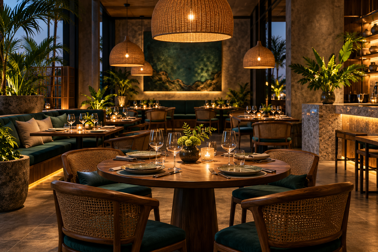Ilustração gerada por IA: Ambiente de restaurante com mesas preparadas