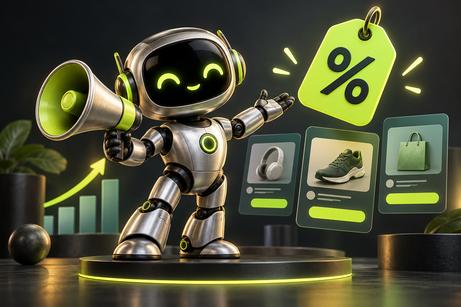 Robô com megafone e etiqueta de oferta